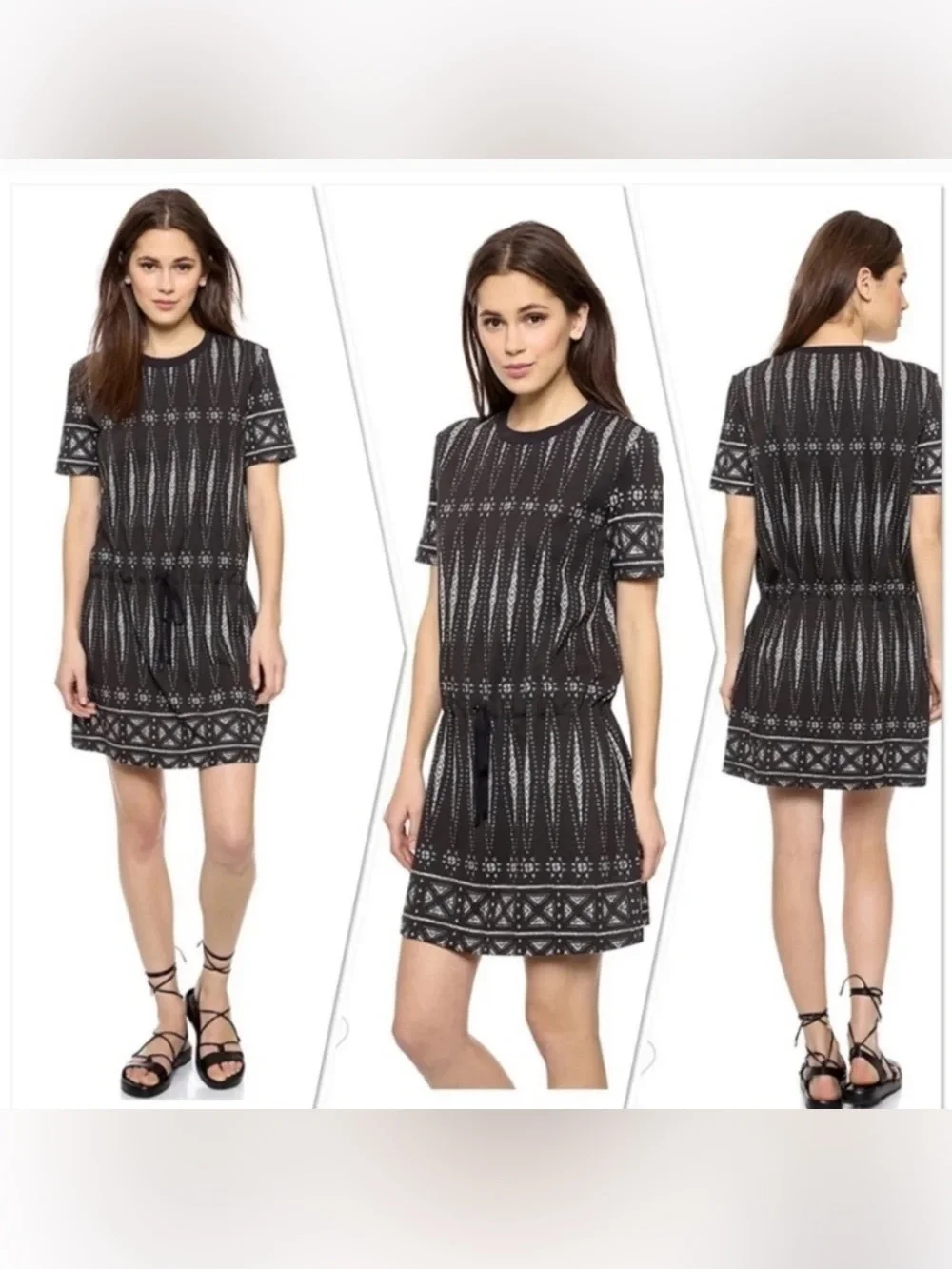 Tory Burch Pima Cotton Black & White Geometric Print Short Sleeve Dress